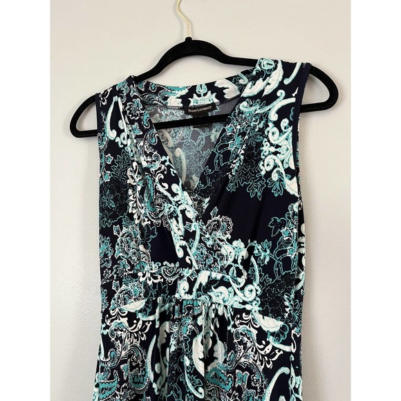 Susan Lawrence Navy Blue Slinky Green Paisley Print Stretchy Maxi Dress Sz Small - Picture 4 of 6